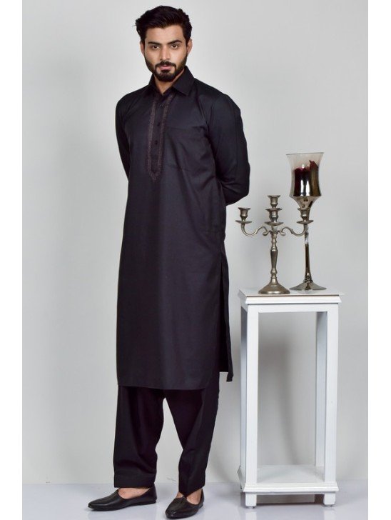 Black Embroidered Pakistani Designer Mens Shalwar Kameez