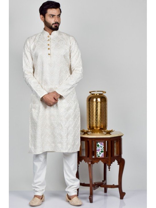 Off White Indian Designer Readymade Kurta Pajama For Men