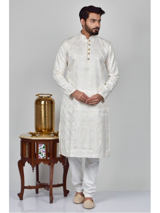 Off White Indian Designer Readymade Kurta Pajama For Men