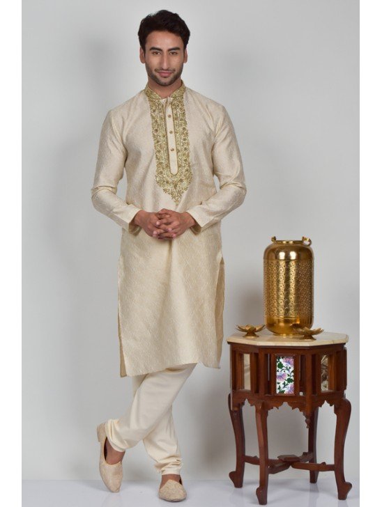 Beige Embroidered Readymade Designer Mens Kurta Pajama