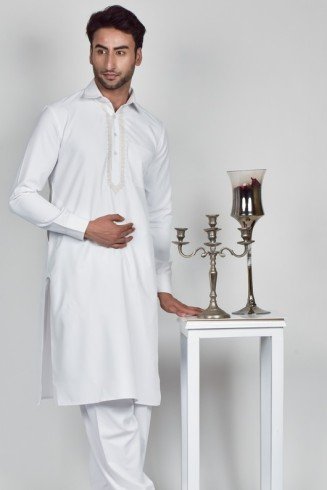 White Embroidered Shalwar Kameez For Men