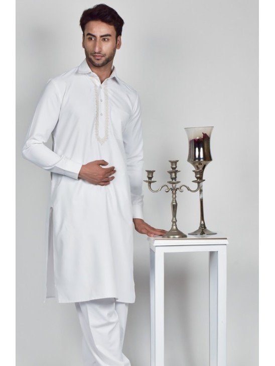 White Embroidered Shalwar Kameez For Men