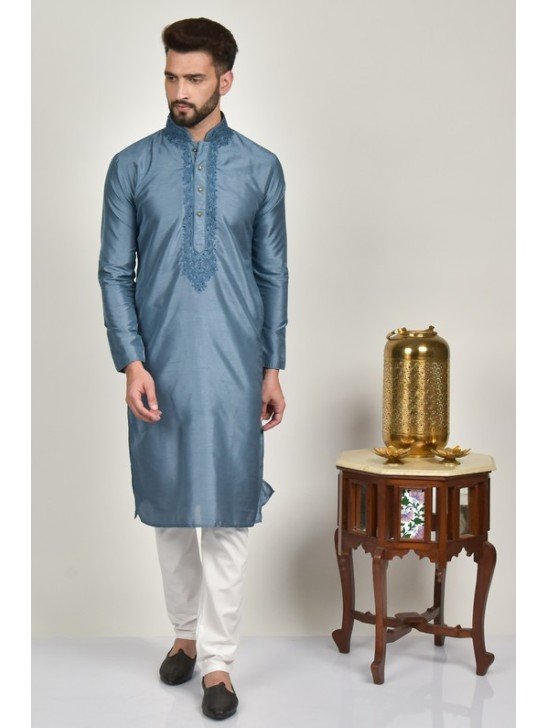 Grey Embroidered Kurta & White Pajama For Men