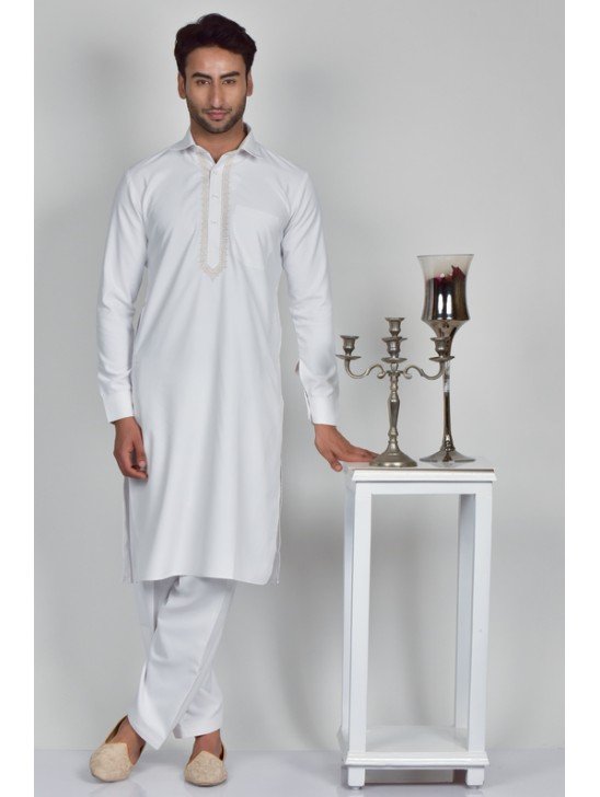 White Embroidered Shalwar Kameez For Men