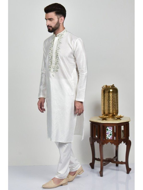 White Embroidered Kurta Pajama Indian Designer Mens Suit