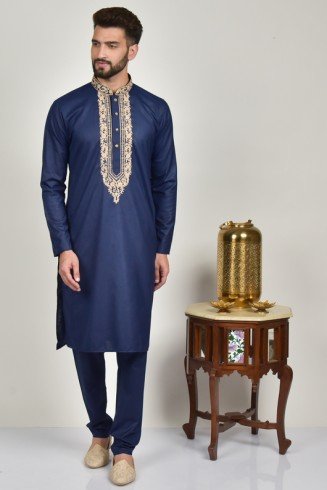 Navy Blue Embroidered Formal Kurta For Men