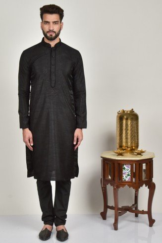 Black Embroidered Kurta With Pajama For Men