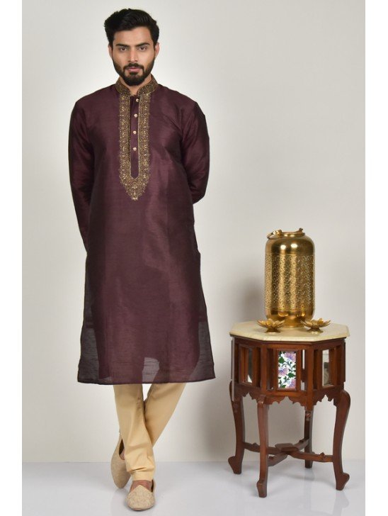 Maroon Embroidered Designer Men s Kurta Pajama