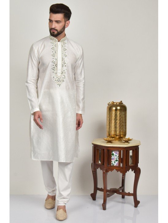 White Embroidered Kurta Pajama Indian Designer Mens Suit