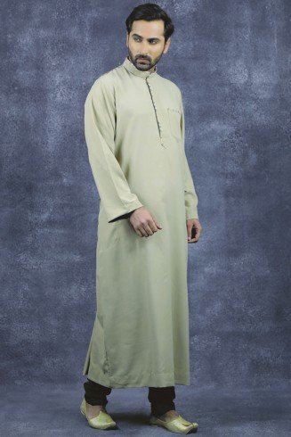 Beige Polyester Men Islamic Wear Plain Thobe Jubba