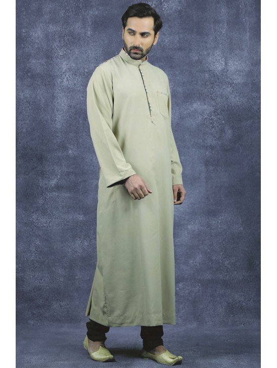 Beige Polyester Men Islamic Wear Plain Thobe Jubba