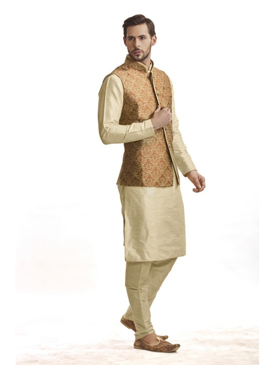 GOLD RUST INDIAN WEDDING STYLE BROCADE WAISTCOAT PAJAMA SUIT