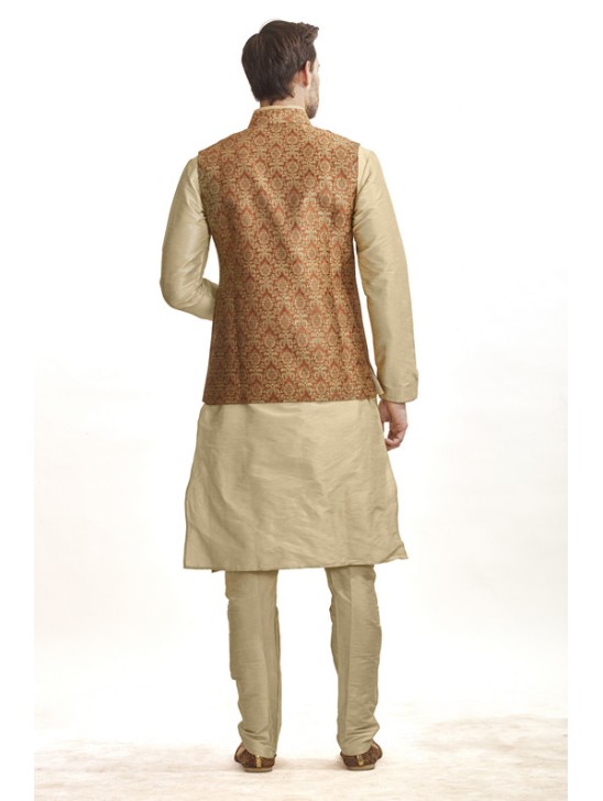 GOLD RUST INDIAN WEDDING STYLE BROCADE WAISTCOAT PAJAMA SUIT