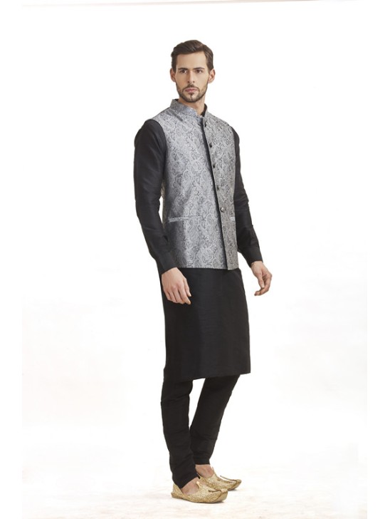 BLACK KURTA AND GREY JACKET STYLISH PAJAMA INDIAN SUIT