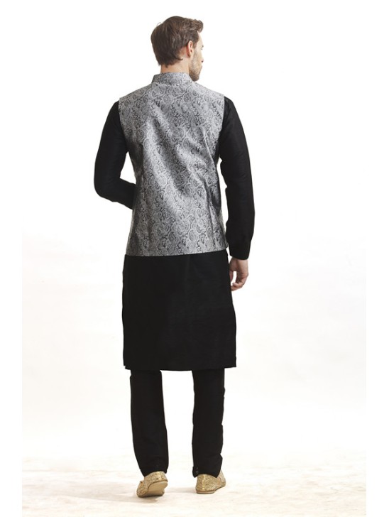 BLACK KURTA AND GREY JACKET STYLISH PAJAMA INDIAN SUIT