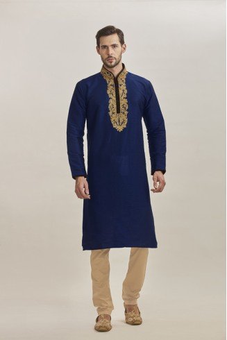 NAVY BLUE POLYESTER EMBROIDERED INDIAN READY MADE KURTA AND PAJAMA
