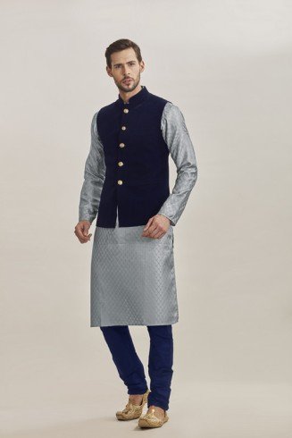 GREY AND NAVY BLUE WAISTCOAT AND GREY KURTA PAJAMA READY MADE MEN'S SUIT