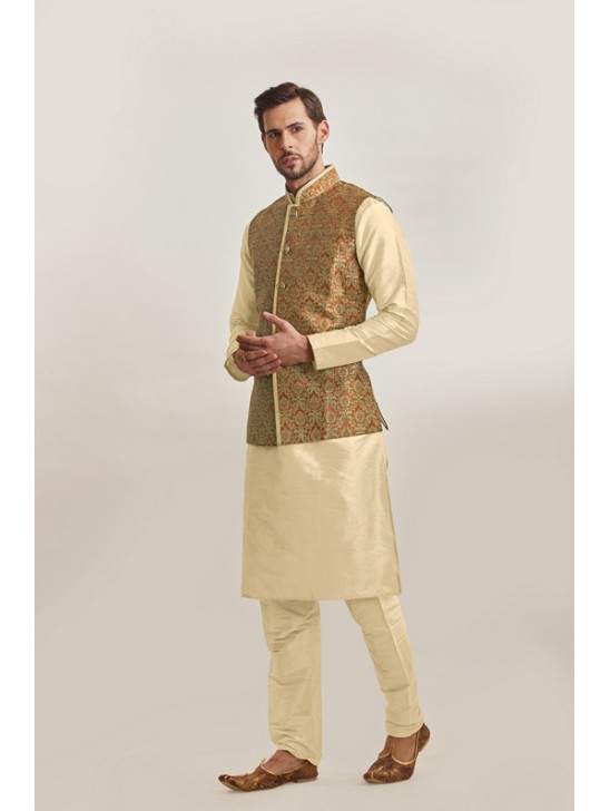 GOLD RUST INDIAN WEDDING STYLE BROCADE WAISTCOAT PAJAMA SUIT