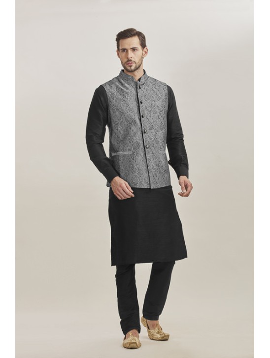 BLACK KURTA AND GREY JACKET STYLISH PAJAMA INDIAN SUIT