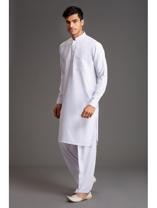 WHITE PATHANI KURTA SALWAR READYMADE SUIT