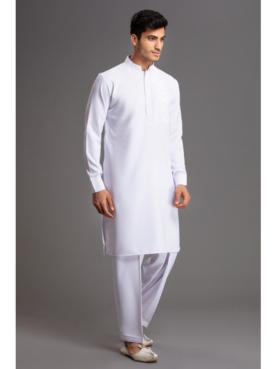 WHITE PATHANI KURTA SALWAR READYMADE SUIT