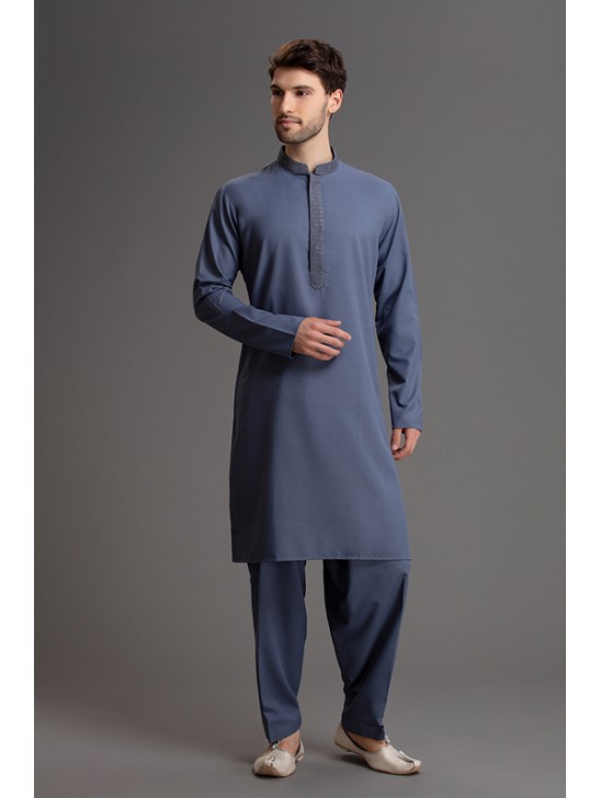 Blue Men Shalwar Kameez Pakistani Designer Fashion Readymade Suit