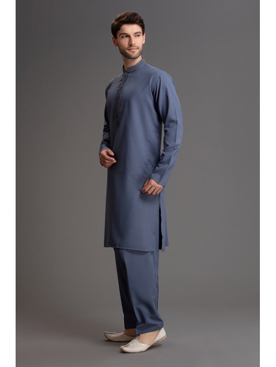 Blue Men Shalwar Kameez Pakistani Designer Fashion Readymade Suit