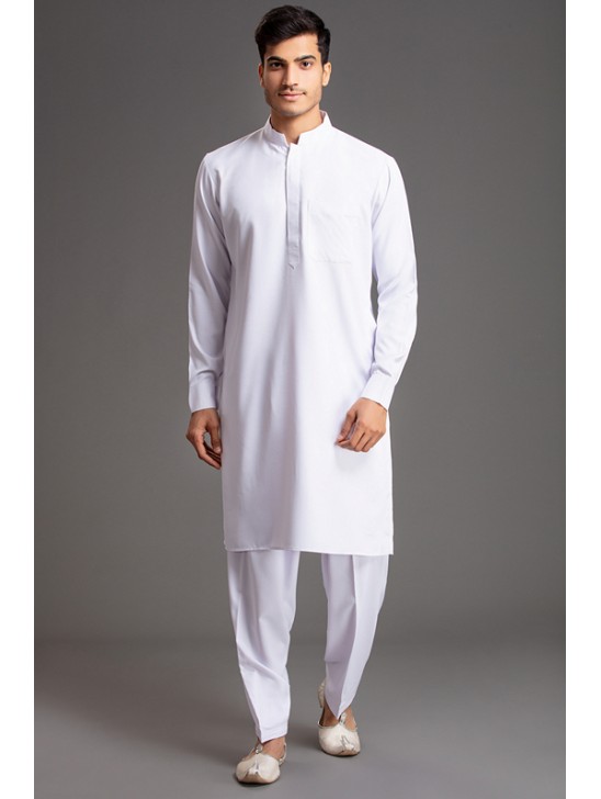 WHITE PATHANI KURTA SALWAR READYMADE SUIT