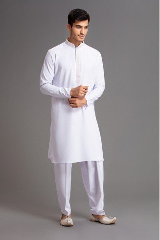 WHITE PATHANI PAKHTON READYMADE PAKISTANI MENS KURTA SALWAR