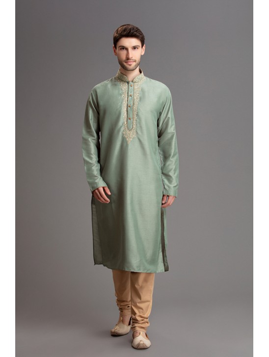 GREEN AND BEIGE PUNJABI MENSWEAR KURTA AND CHURIDAR SUIT