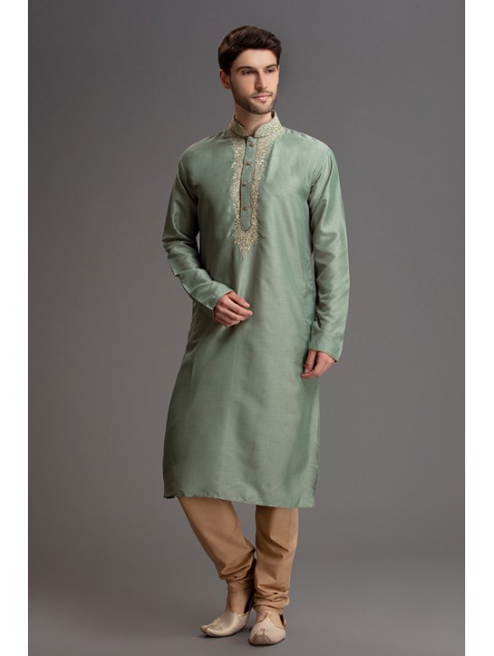 GREEN AND BEIGE PUNJABI MENSWEAR KURTA AND CHURIDAR SUIT