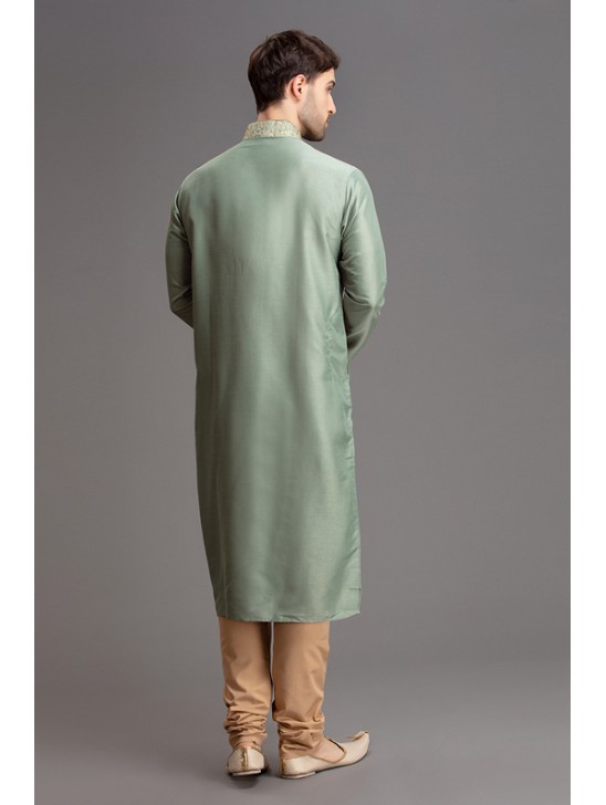 GREEN AND BEIGE PUNJABI MENSWEAR KURTA AND CHURIDAR SUIT