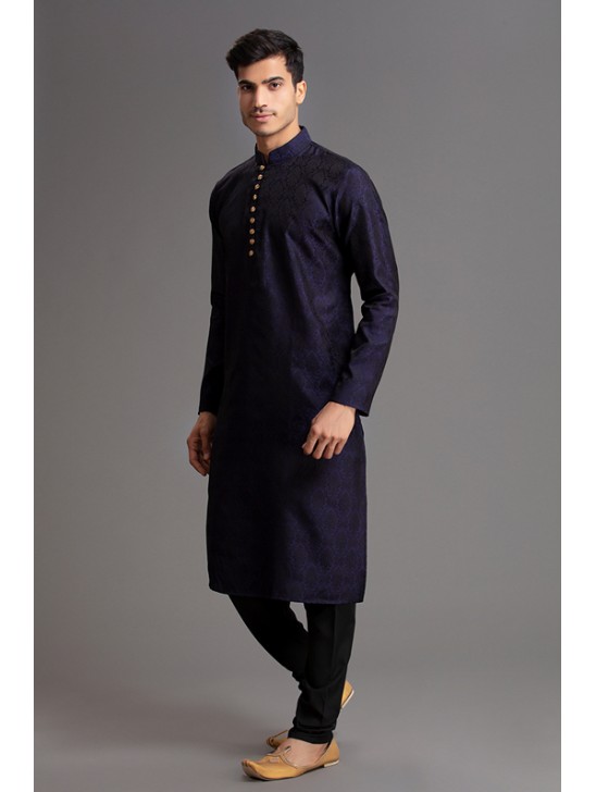 NAVY BLUE SELF PRINTED READYMADE KURTA PAJAMA SUIT