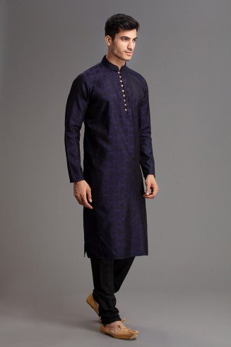 NAVY BLUE SELF PRINTED READYMADE KURTA PAJAMA SUIT