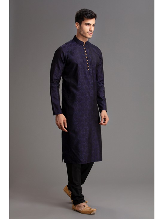 NAVY BLUE SELF PRINTED READYMADE KURTA PAJAMA SUIT