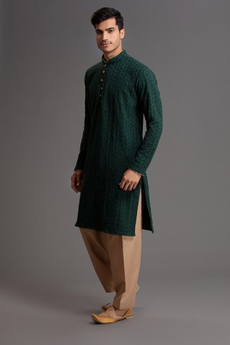 GREEN AND BEIGE MEN'S EID KURTA SHALWAR KAMEEZ