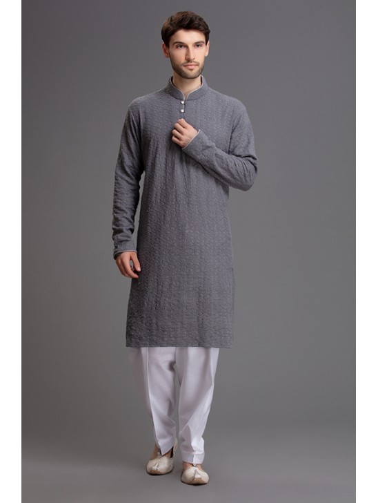 GREY READY TO WEAR PAKISTANI MEN KURTA SHALWAR SUIT