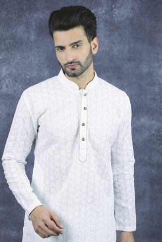 White Pakistani Kurta Men Cotton Suit