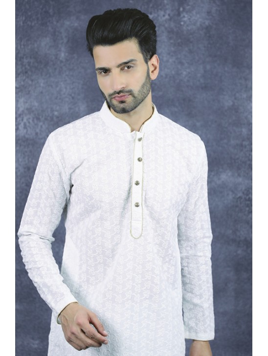 White Pakistani Kurta Men Cotton Suit