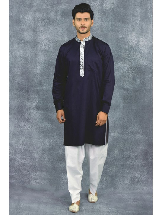 Navy Blue Kurta White Shalwar Pakistani Designer Men s Suit