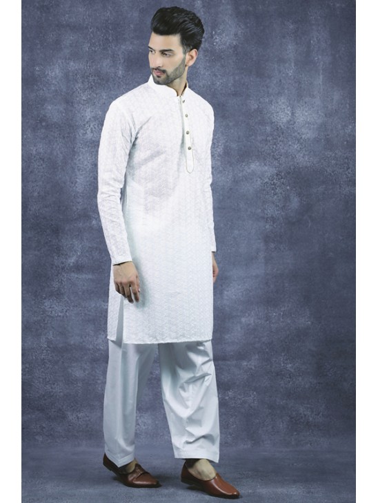 White Pakistani Kurta Men Cotton Suit