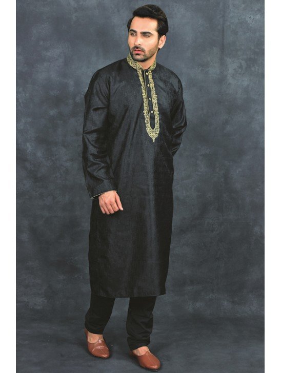 Black Embroidered Indian Mens Kurta Pajama