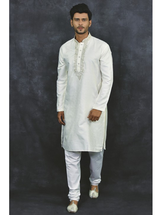 Cream Kurta Embroidered Indian Pajama Suit