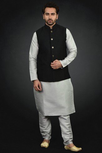  Grey Kurta Black Waistcoat With Pajama Pakistani Eid Suit