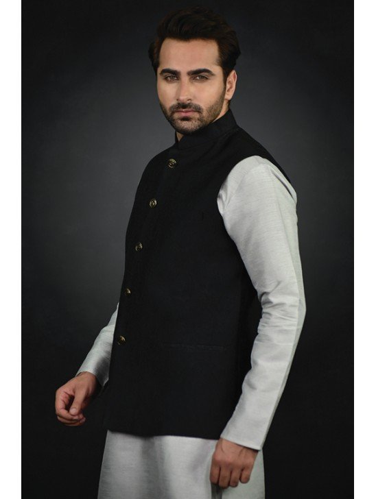 Grey Kurta Black Waistcoat With Pajama Pakistani Eid Suit