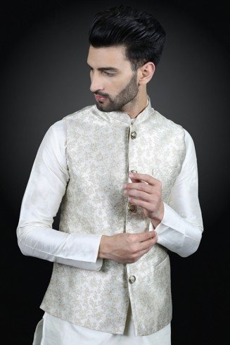 White Waistcoat Indian Suit Men's Readymade Kurta Pajama Set