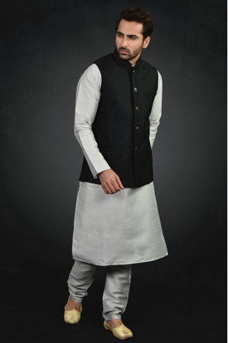  Grey Kurta Black Waistcoat With Pajama Pakistani Eid Suit