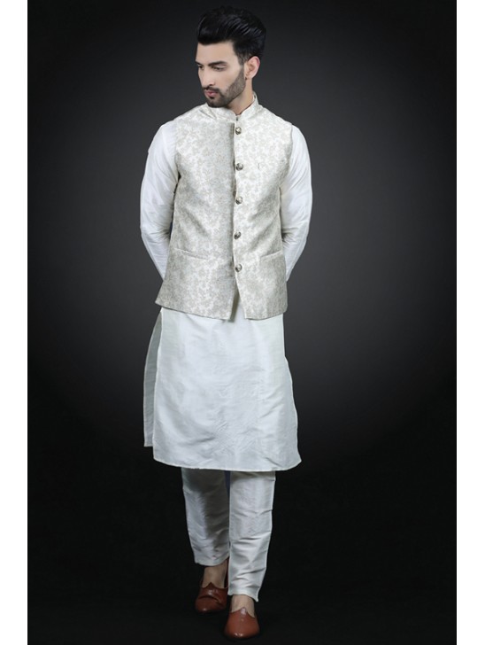 White Waistcoat Indian Suit Men s Readymade Kurta Pajama Set