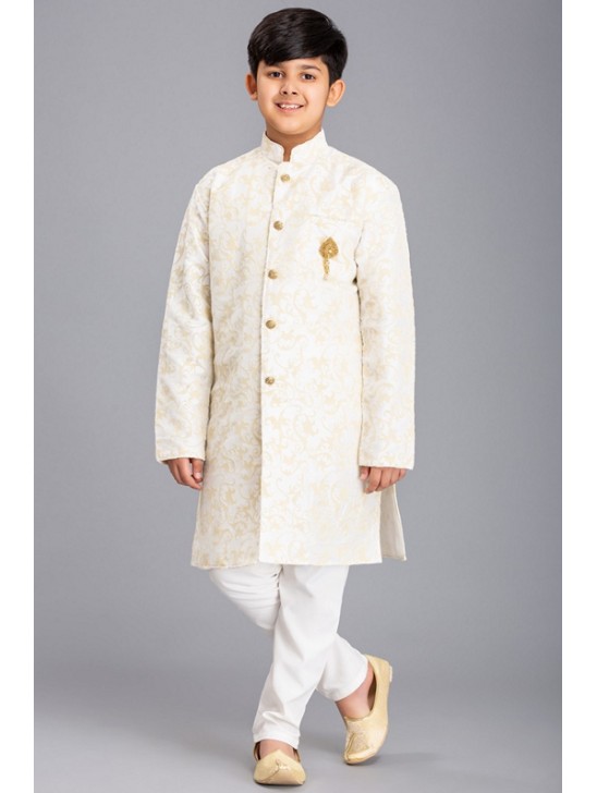 WHITE JACQUARD JACKET STYLE KURTA AND PAJAMA YOUNG BOYS EID SUIT