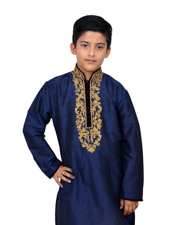 NAVY BLUE HEAVILY EMBROIDERED KURTA SET AND PYJAMA READY MADE BOYS SUIT